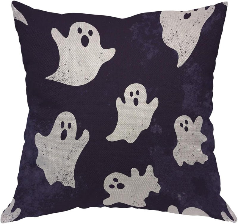 Moslion Skull Pillow Case Halloween Ghosts Spirit in Doodle Skeleton Throw Pillow Cover 18x18 Inch Cotton Linen Canvas Decorative Square Cushion Cover for Sofa Bed Purple White - Image 1